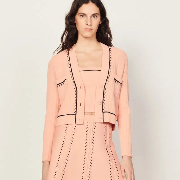 Sandro Paris Embroidered Knit Cardigan | Size M | Salmon Pink, Wool-Blend Knit - Picture 2 of 10